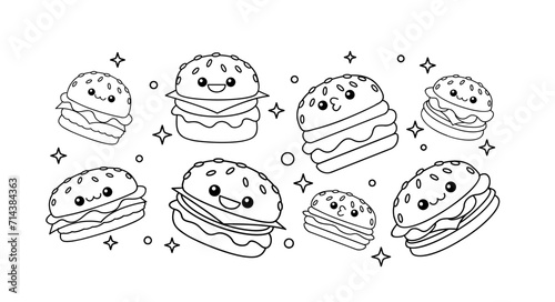 hamburger kawaii cute character Hand drawn coloring book illustration design