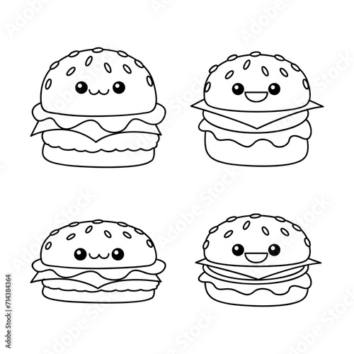 hamburger kawaii cute character Hand drawn coloring book illustration design
