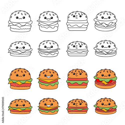 hamburger kawaii cute character Hand drawn coloring book illustration design