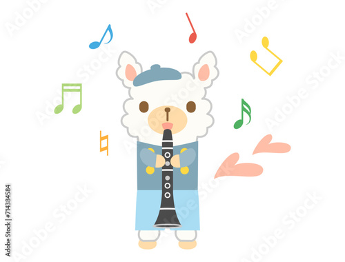 クラリネットを吹くアルパカのイラスト　音符ありバージョン