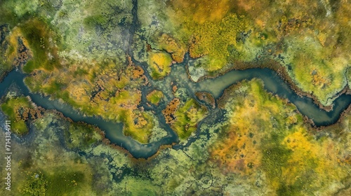  an aerial view of a river in the middle of a field with yellow and green grass in the foreground and a body of water in the middle of water in the middle of the foreground.