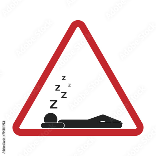 Isolated triangle prohibited to sleep sign, stay awake for work instruction, do no sleep in factory or public area, with illustration stick figure sleeping and ZZZ icon