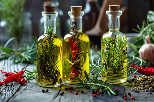bottled olive oils with herbs and pepper .