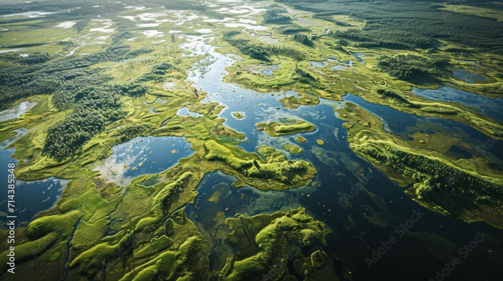  an aerial view of a body of water with land in the foreground and trees on the far side of the water and land in the middle of the water.