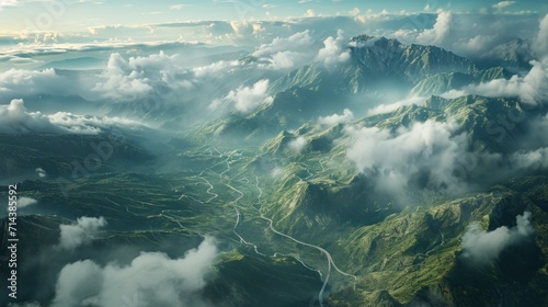  an aerial view of a mountain range with a river running through the center of the mountain and a river running through the center of the mountain range in the foreground.