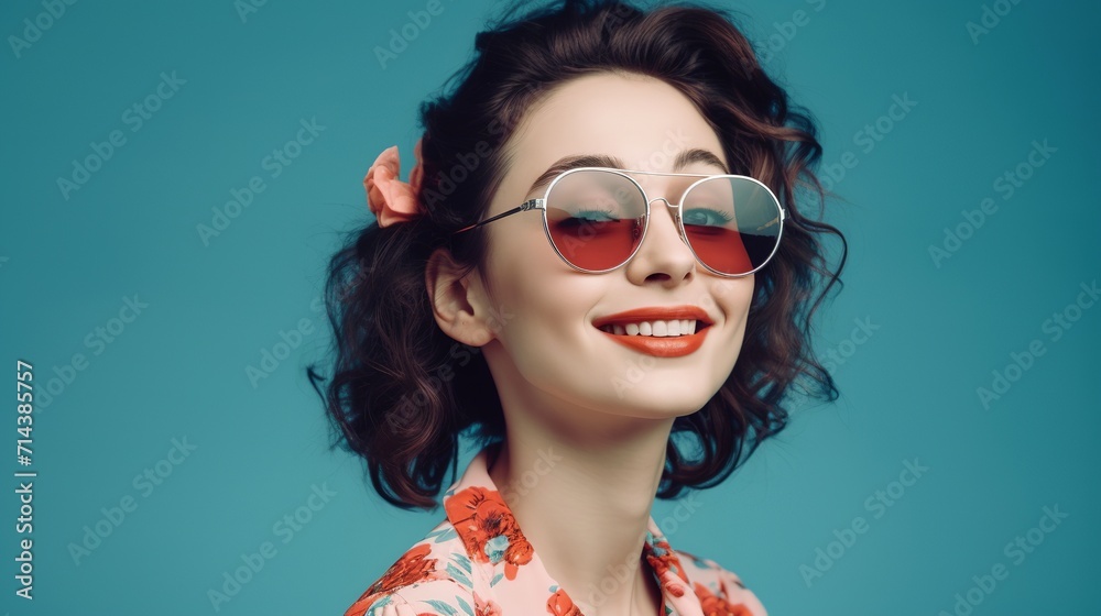Portrait of a beautiful young woman with red lips in sunglasses on blue background Portrait of a beautiful young woman with red lips in sunglasses on blue background