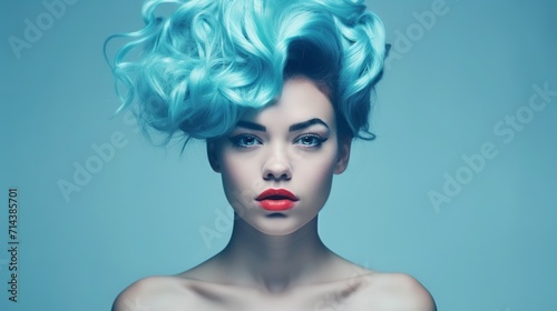 Portrait of beautiful young woman with blue hair and red lips.