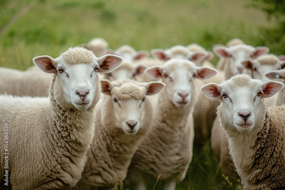 Flock of sheep staring in the same direction.