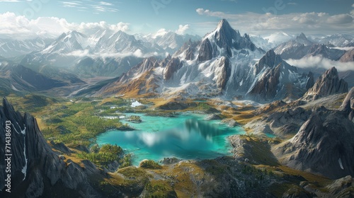  an aerial view of a mountain range with a lake in the foreground and a mountain range in the background with a blue lake in the middle of the foreground.