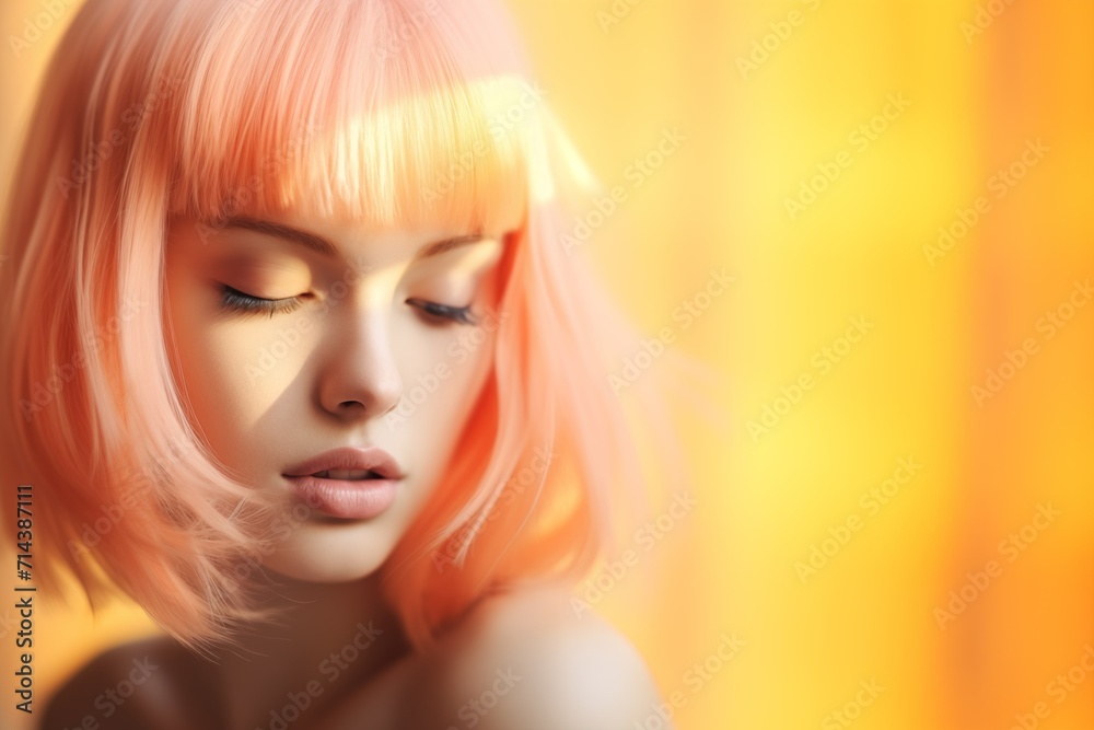Beauty portrait of a young caucasian woman with peach fuzz hair. Place for text