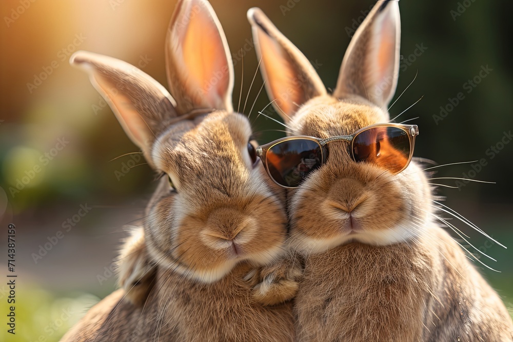 Two cute Easter bunnies hugging each other. Two cute Easter bunnies hugging each other.