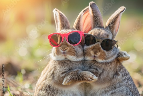 Two cute Easter bunnies with sunglasses hugging each other.