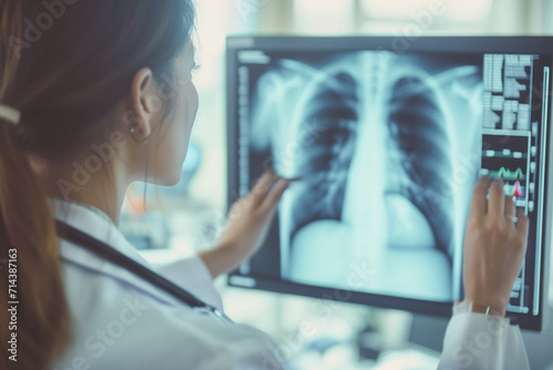Professional, career and closeup of woman radiologist checking spine, lung and chest scan in medicare clinic Doctor examines X-ray in medical laboratory. photo