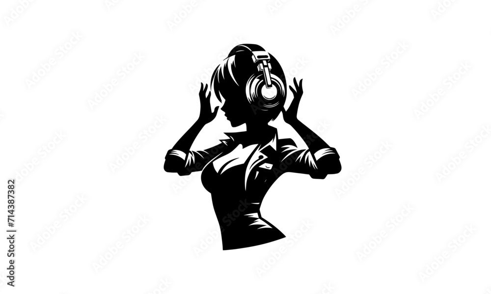 dj girl with headphones and having modren clothes on mascot logo icon , dj girl silhouette illustration