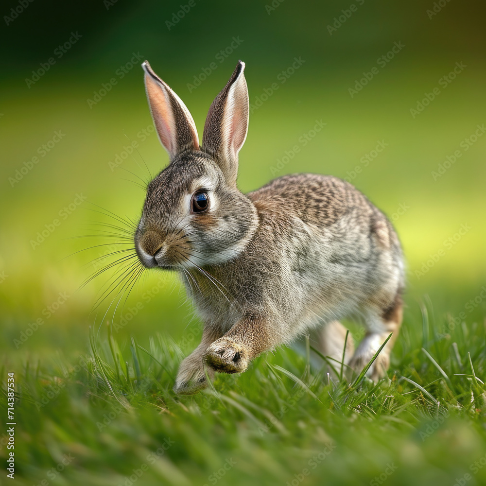 Cautious Rabbit Hopping in a Meadow - Grass and Low Perspective Cautious Rabbit Hopping in a Meadow - Grass and Low Perspective
