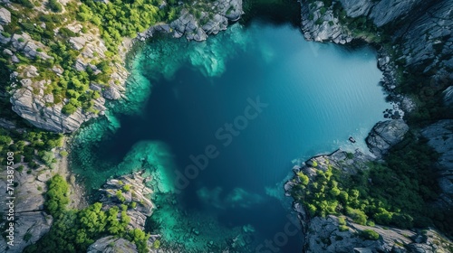  an aerial view of a blue lake surrounded by rocks and greenery in the middle of the picture is an aerial view of a blue lake surrounded by rocks and greenery area.
