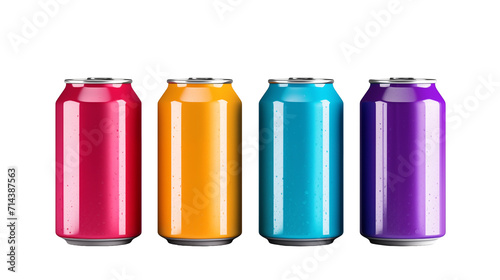 Four cans of soda placed on a white background.