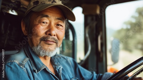 Portrait of confident senior asian male farmer driving farm tractor in sunny day