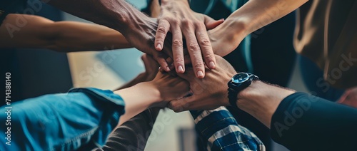 people reaching their hands together for more collaboration in modern office workplace. meaning of cooperation and unity for success. generative AI