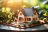 Miniature people Couple standing with house model on wooden background