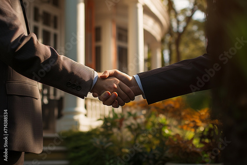 Real estate agents shaking hands in front of a house photo