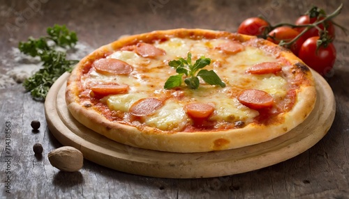 Pizza, a beloved Italian dish, features a thin crust topped with tomato sauce, cheese, and various toppings, creating a delectable and versatile culinary delight.AI generation.