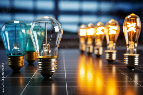 Light bulbs on the chessboard. Business ideas and innovation concept.