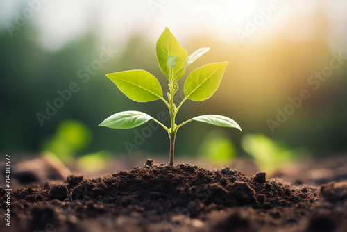 Green seedling growing from seed on blurred nature background, Ecology concept