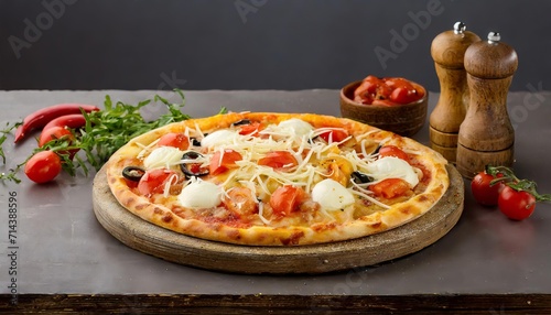 Pizza, a beloved Italian dish, features a thin crust topped with tomato sauce, cheese, and various toppings, creating a delectable and versatile culinary delight.AI generation.