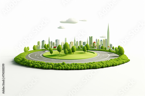 Green city with road and green trees on white background. 3d rendering