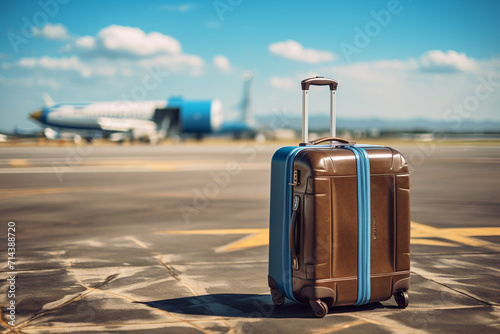 Suitcase on the tarmac of the airport. Travel concept photo