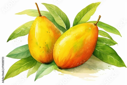 Watercolor illustration of a summer tropical fruit mango. Generative AI