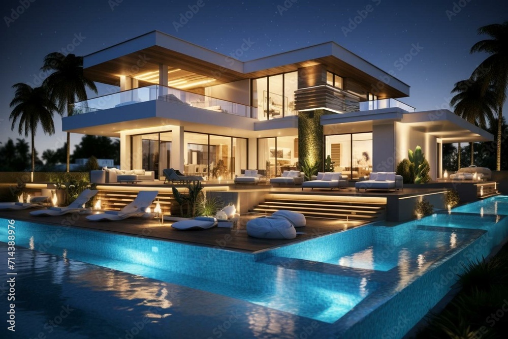 Contemporary house, lavish residence featuring pool. Generative AI