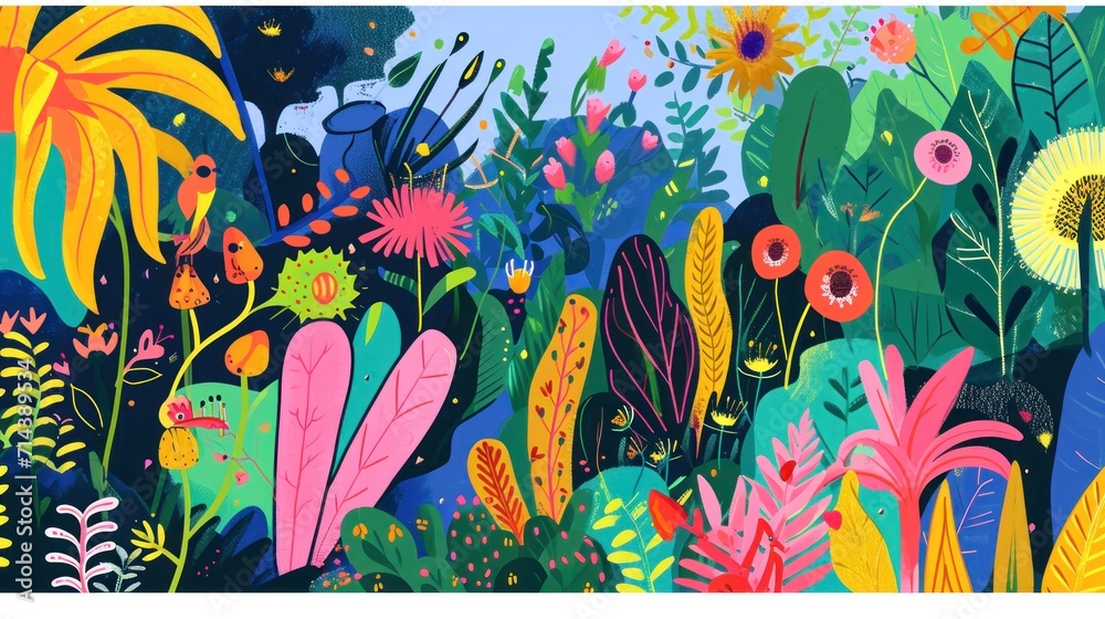  a painting of colorful flowers and plants on a blue background, with a yellow dandelion in the center of the picture and a blue sky in the background.