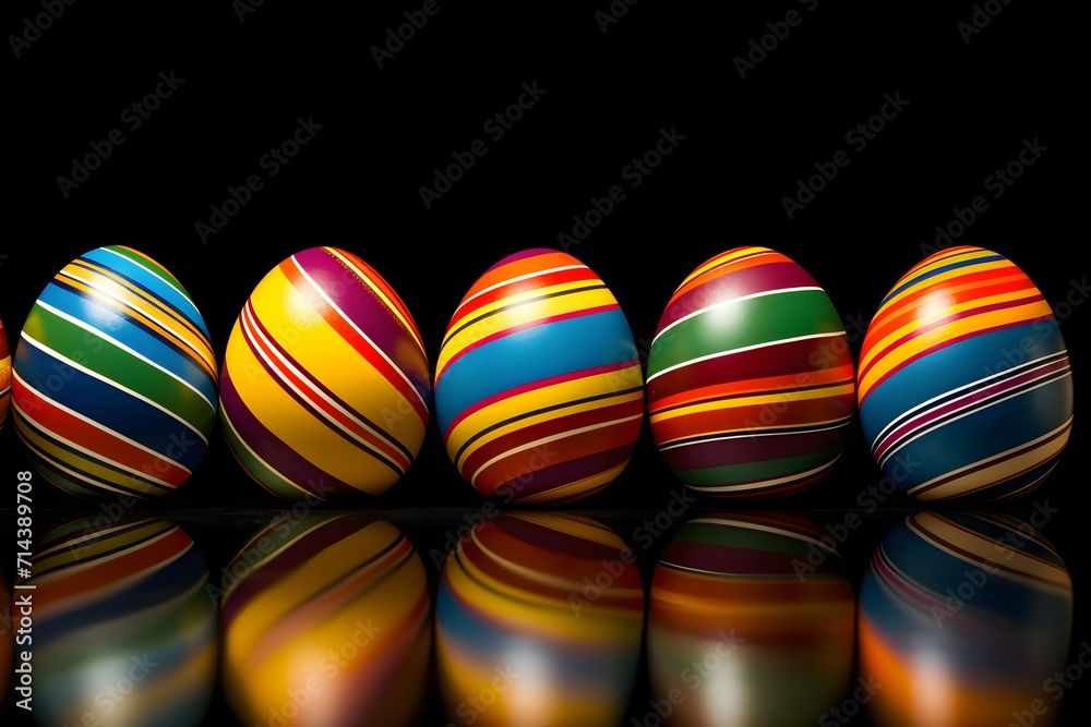 Fototapeta premium A row of intricately painted Easter eggs with reflective surfaces on a dark background