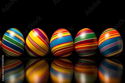 A row of intricately painted Easter eggs with reflective surfaces on a dark background