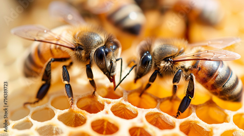 Close up view of the working bees on honey cells ,top view. Ai Generative