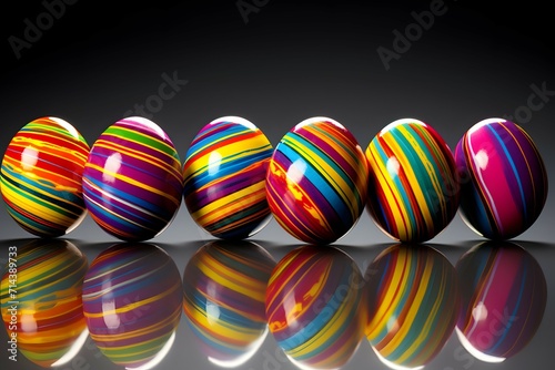 A row of intricately painted Easter eggs with reflective surfaces on a dark background