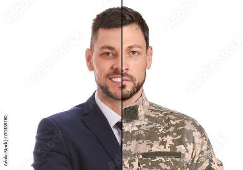 Man as military and businessman isolated on white, collage dividing portrait