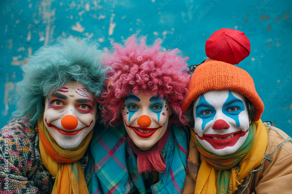 Group of adults in clown costume at carnival