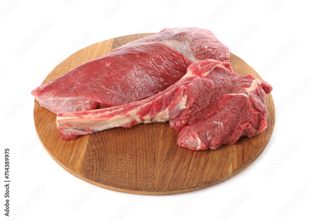 Board with pieces of raw beef meat isolated on white Board with pieces of raw beef meat isolated on white