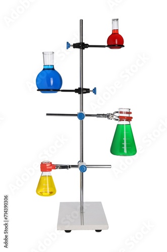 Retort stand with flask of colorful liquids isolated on white