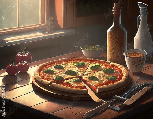 Pizza, a beloved Italian dish, features a thin crust topped with tomato sauce, cheese, and various toppings, creating a delectable and versatile culinary delight.AI generation