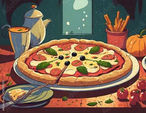 Pizza, a beloved Italian dish, features a thin crust topped with tomato sauce, cheese, and various toppings, creating a delectable and versatile culinary delight.AI generation