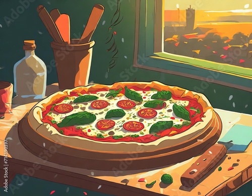 Pizza, a beloved Italian dish, features a thin crust topped with tomato sauce, cheese, and various toppings, creating a delectable and versatile culinary delight.AI generation