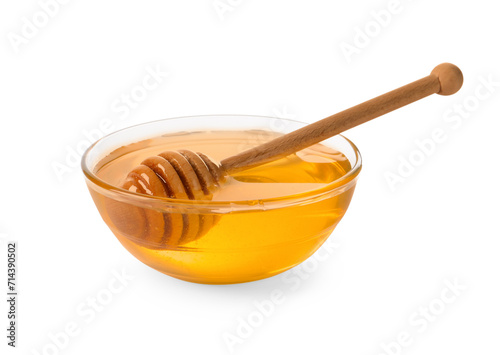 Tasty honey in bowl and dipper isolated on white