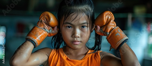 A young Muay Thai beginner prepares to twist and stretch her back and arms before training, with her arms raised and elbows tucked. photo