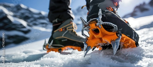 Climbing crampons for glacier hiking, mountaineering shoes with ice grips.