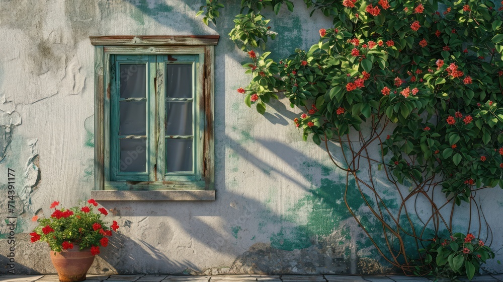 Fototapeta premium a potted plant next to a wall with a window and a potted plant next to the wall with a window and a potted plant next to it.