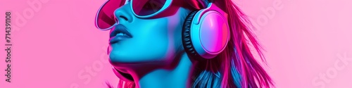 Retro 80s 90s Synthwave style pink and blue woman wearing headphones music concept copy space ultra wide background - Generative ai photo